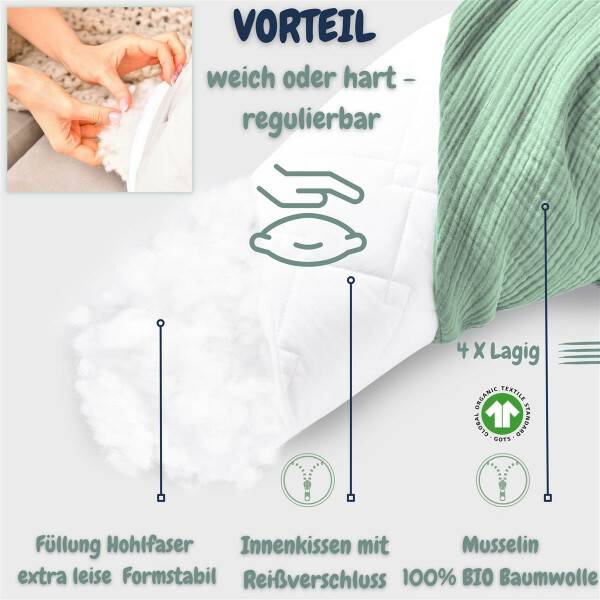 Sei Design Stillkissen 190x30 XXL | Füllung Faserbällchen | Bezug 100% BIO-Baumwolle | Musselin mint Outlet