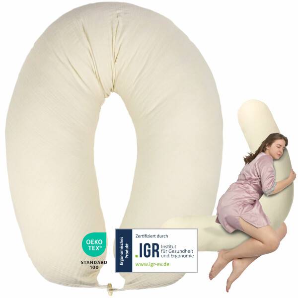 Sei Design Stillkissen 190x30 XXL | Füllung Faserbällchen | Bezug 100% BIO-Baumwolle | Musselin Natur Auslauf