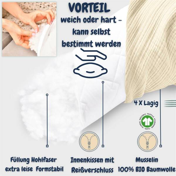 Sei Design Stillkissen 190x30 XXL | Füllung Faserbällchen | Bezug 100% BIO-Baumwolle | Musselin Natur Auslauf