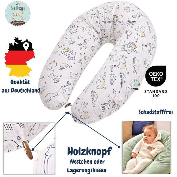 Sei Design Stillkissenbezug 170x30cm 100% Baumwolle Happy Baby Holzknopf Fabrikverkauf