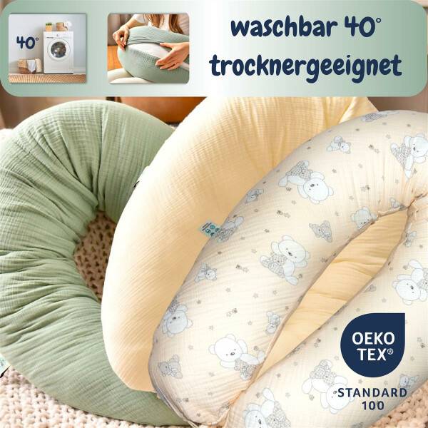 Sei Design Stillkissenbezug 190x30 100% Baumwolle Holzknopf Musselin Bärchen Outlet