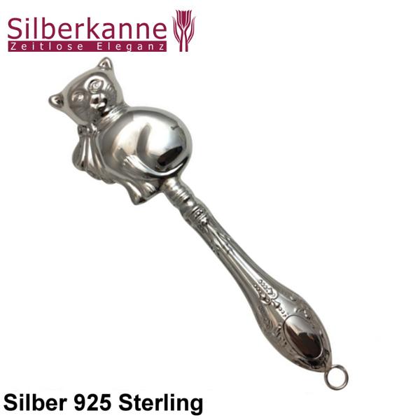 Silberkanne 925 Silber Sterling Babyrassel Katze L 13 cm