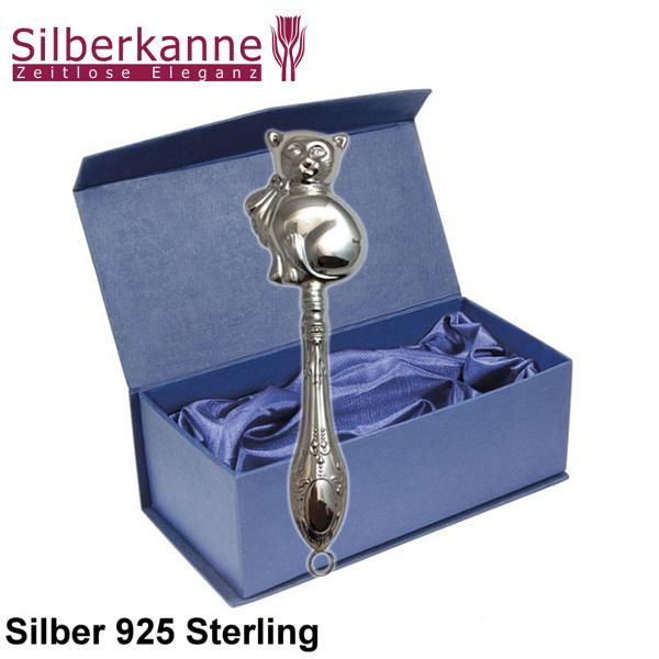 Silberkanne 925 Silber Sterling Babyrassel Katze L 13 cm Online