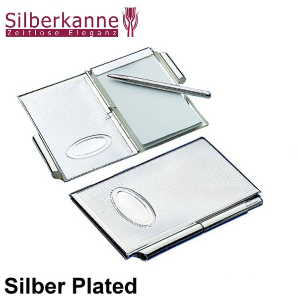Silberkanne Taschennotizblock Medaillon mit Kugelschreiber 9x6 cm Silber Plated versilbert
