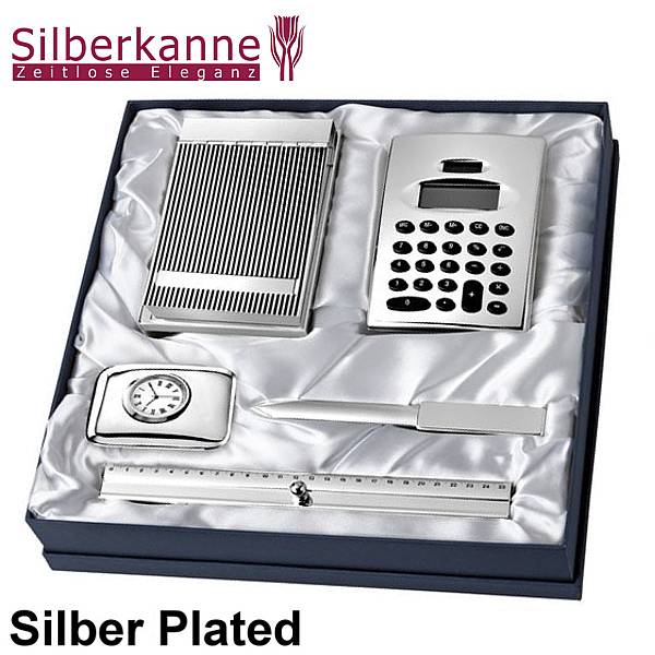 Silberkanne Schreibtischzubehör Set 5 tlg Silber Plated versilbert. Notizblock, Tischrechner, Lineal, Brieföffner, Tischuhr Meist gekauft
