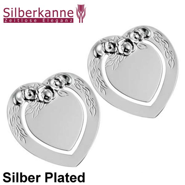 Silberkanne 2x Lesezeichen Herz und Rosen 4x3,5cm Silber Plated versilbert
