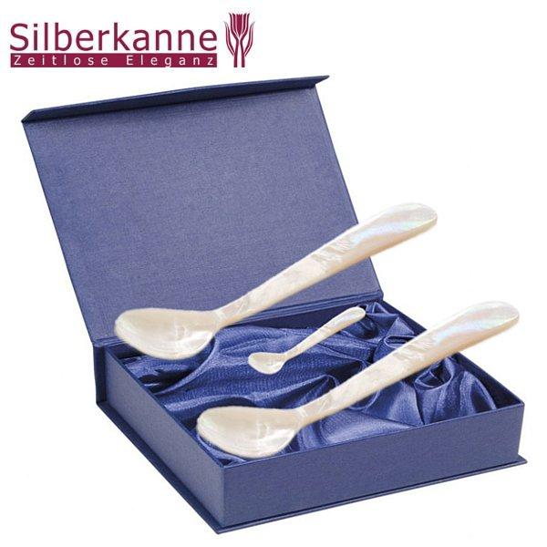 Silberkanne Kaviarlöffel Eierlöffel L 12 cm mit Salzlöffel 6 cm aus Perlmutt 3er Set