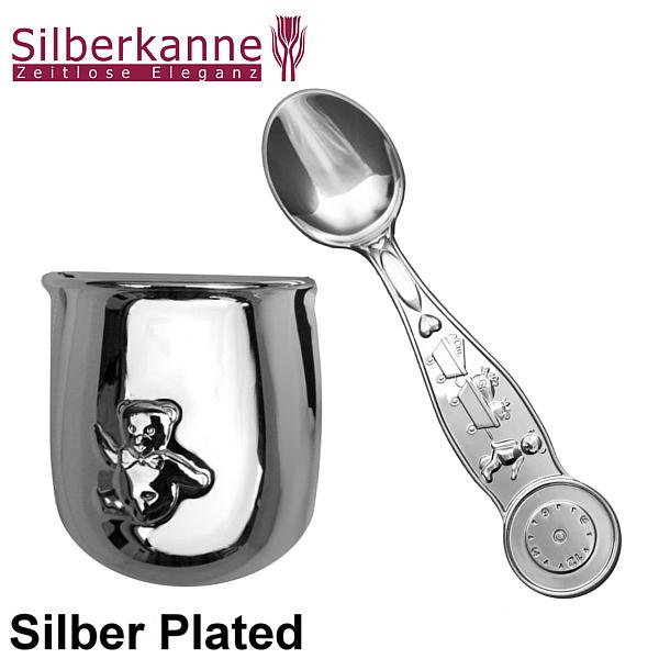 Silberkanne Kinderset Becher und Geburtslöffel Tauflöffel Patenlöffel 2 tlg Silber Plated versilbert