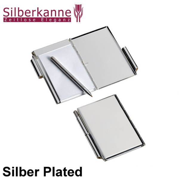 Silberkanne Taschennotizblock mit Kugelschreiber glatt 9x6 cm Silber Plated versilbert