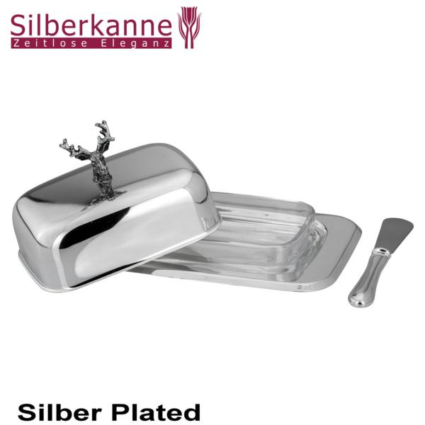 Silberkanne Butterdose mit Messer Hirsch L 18 cm 4 tlg 1/2 Pfund Silber Plated versilbert