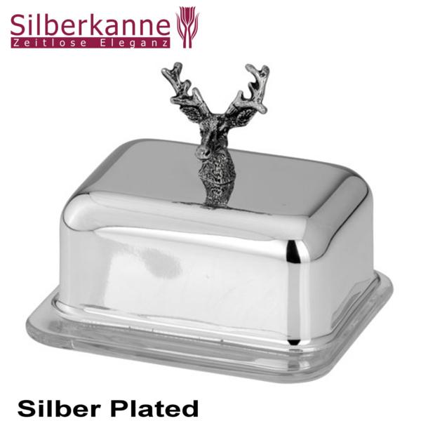 Silberkanne Butterdose Hirsch 2 tlg 10 x 8,5 x 9,5cm 1/4 Pfund Silber Plated versilbert