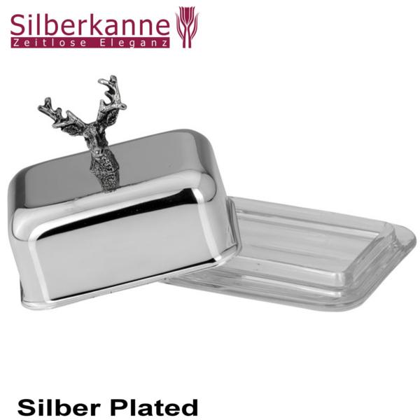 Silberkanne Butterdose Hirsch 2 tlg 10 x 8,5 x 9,5cm 1/4 Pfund Silber Plated versilbert Fabrikverkauf