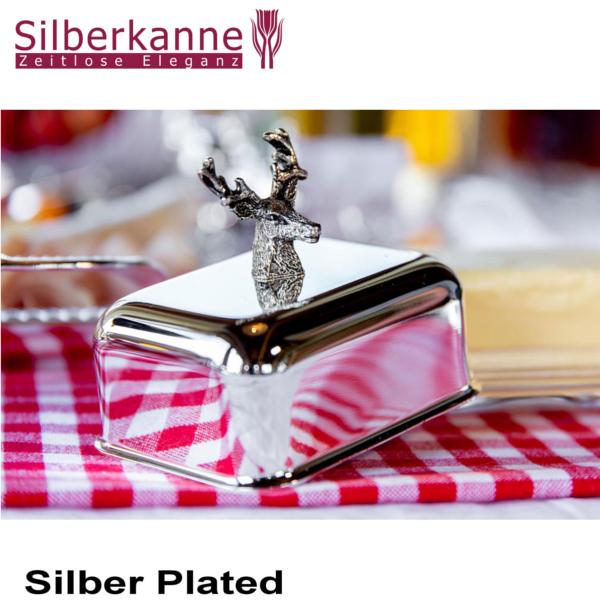 Silberkanne Butterdose Hirsch 2 tlg 10 x 8,5 x 9,5cm 1/4 Pfund Silber Plated versilbert Fabrikverkauf