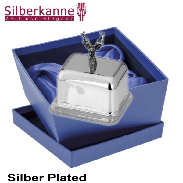 Silberkanne Butterdose Hirsch 2 tlg 10 x 8,5 x 9,5cm 1/4 Pfund Silber Plated versilbert Fabrikverkauf