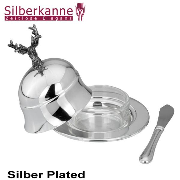 Silberkanne Butterglocke mit Messer Hirsch 4 tlg H 10 cm Silber Plated versilbert Blitzverkäufe