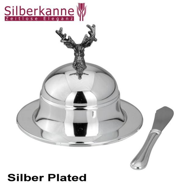 Silberkanne Butterglocke mit Messer Hirsch 4 tlg H 10 cm Silber Plated versilbert Blitzverkäufe