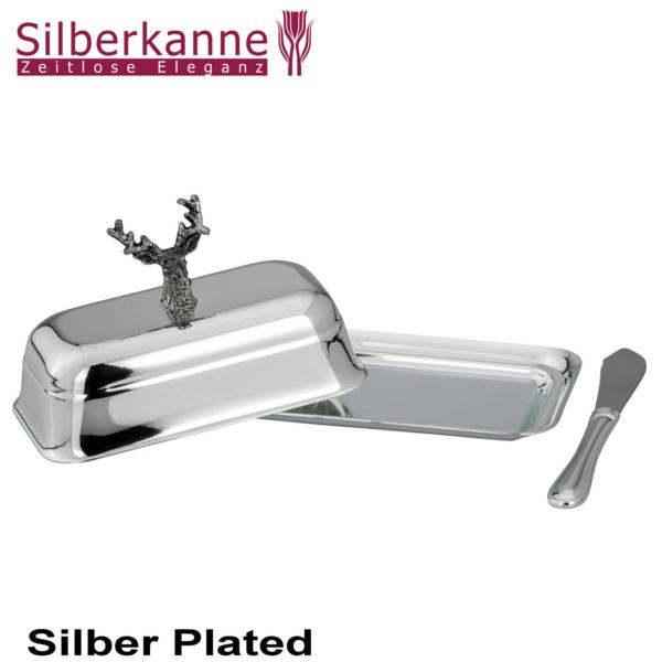 Silberkanne Butterdose mit Messer Hirsch L 14 cm 4 tlg Silber Plated versilbert Outlet