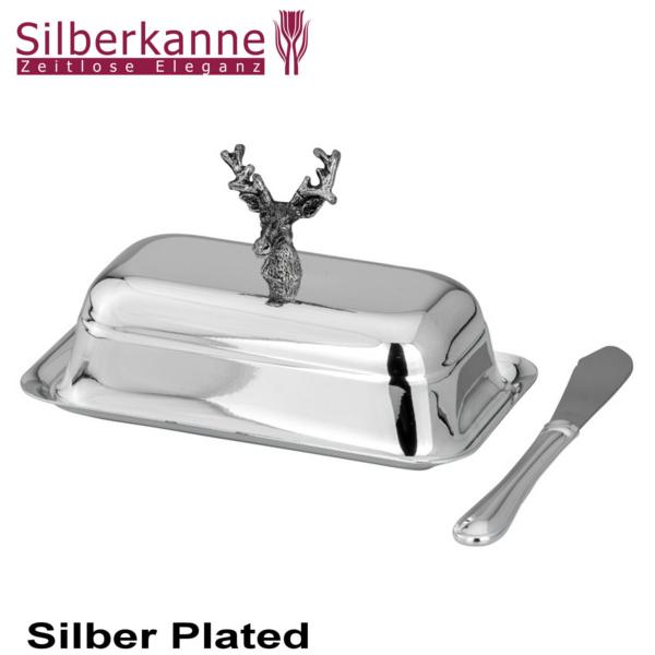 Silberkanne Butterdose mit Messer Hirsch L 14 cm 4 tlg Silber Plated versilbert Outlet