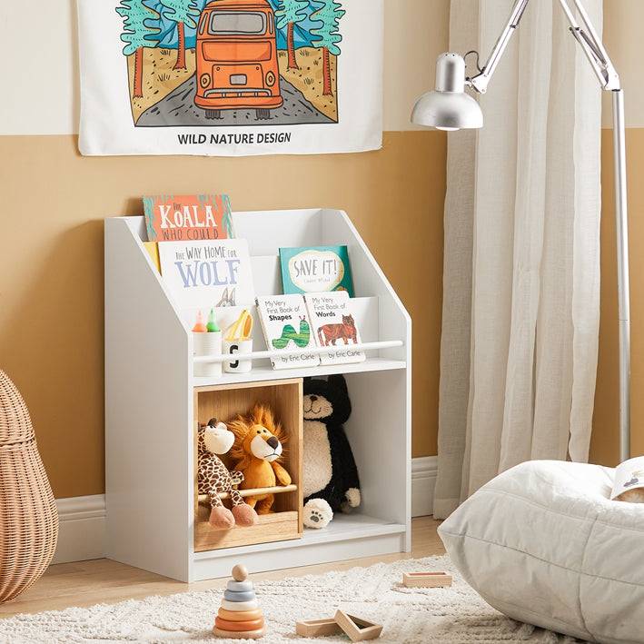 Sobuy SoBuy Kinderregal mit Schiebetür Bücherregal Aufbewahrungsregal Kinder Weiß-Natur KMB98-W Angebote