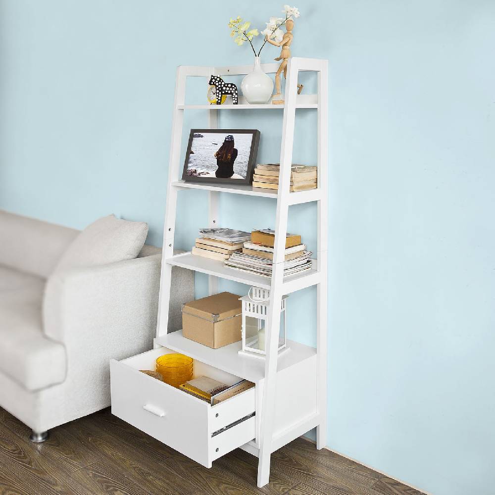Sobuy SoBuy Leiterregal Weiß Bücherregal mit Schubladen Standregal Holz FRG116-W Günstiger Verkauf