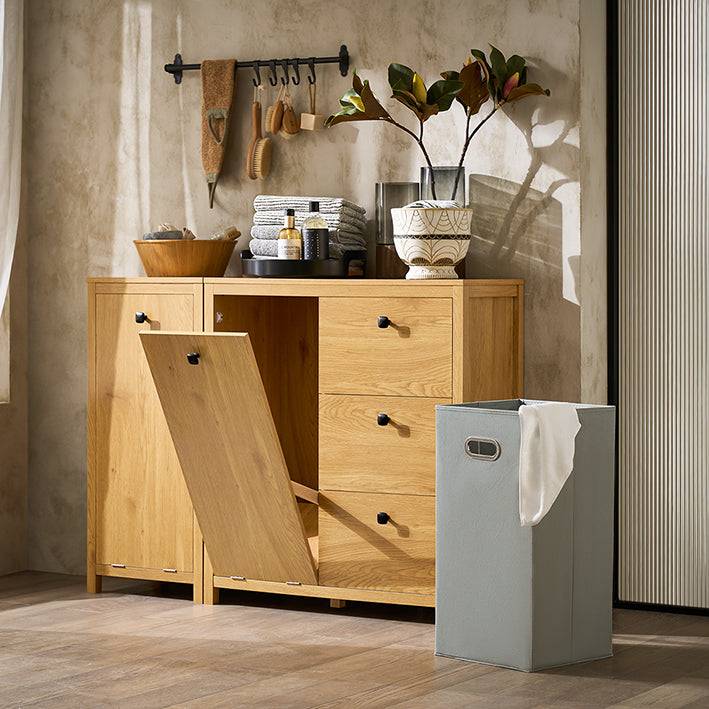 Sobuy SoBuy Wäscheschrank mit Wäschesack Badschrank Wäschekorb Badkommode Dunkelnatur BZR97-SN Auslauf