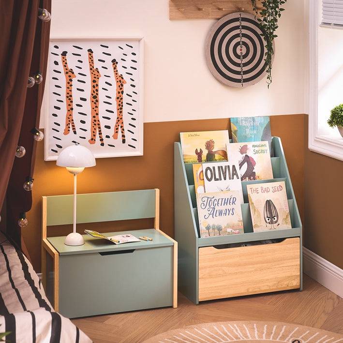 Sobuy SoBuy Kinder Bücherregal Spielzeugtruhe Aufbewahrungsregal Kinderzimmer Grün-Natur| KMB95-GR Tägliche Deals
