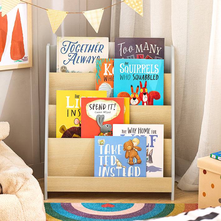 Sobuy SoBuy Kinderbücherregal Zeitungsständer Aufbewahrungsregal für Kinder Grau/Natur KMB106-HG