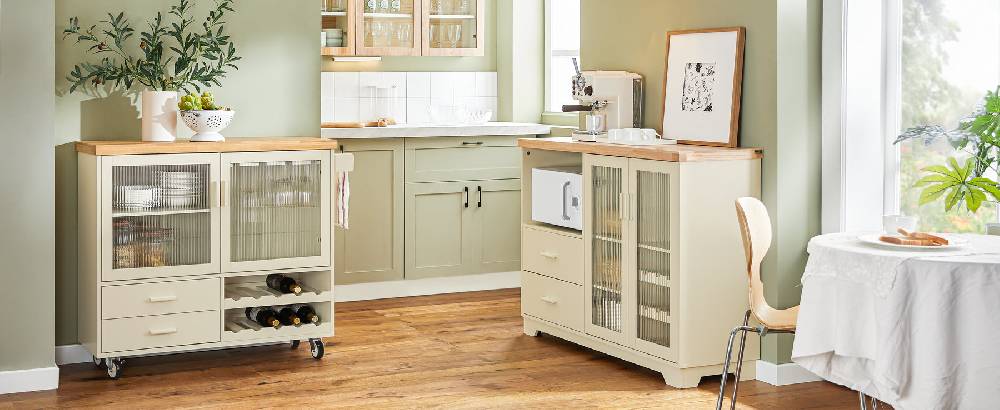 Sobuy SoBuy Küchenwagen mit Flaschenablage Kücheninsel mit Weinglashalter Küchenschrank Sideboard Beige FKW114-MI Neueste Stile