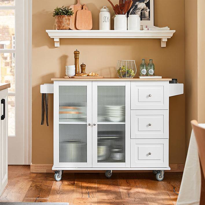 Sobuy SoBuy Küchenwagen mit Glastüren Kücheninsel mit Gewürzregal Küchenschrank Sideboard Weiß-Natur FKW120-WN Großer Ausverkauf