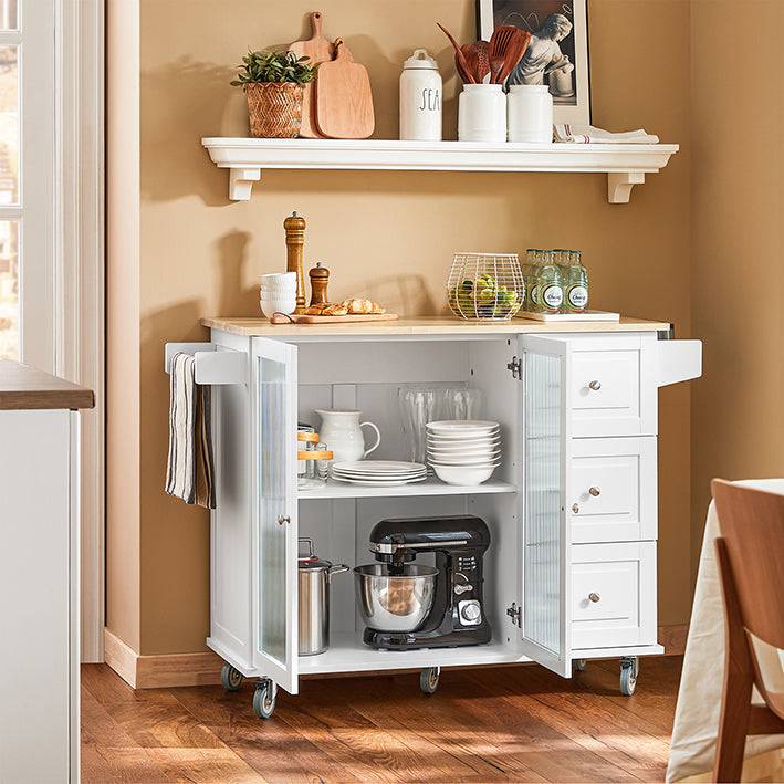 Sobuy SoBuy Küchenwagen mit Glastüren Kücheninsel mit Gewürzregal Küchenschrank Sideboard Weiß-Natur FKW120-WN Großer Ausverkauf