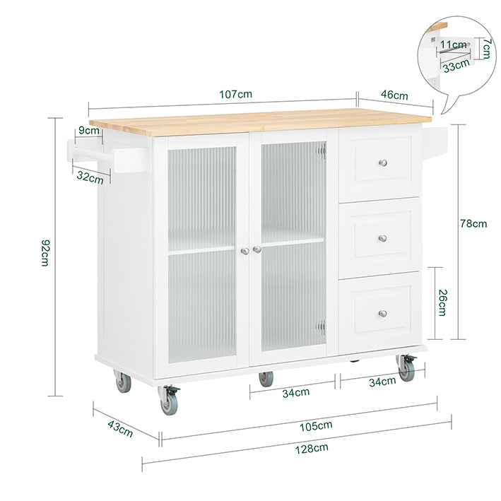 Sobuy SoBuy Küchenwagen mit Glastüren Kücheninsel mit Gewürzregal Küchenschrank Sideboard Weiß-Natur FKW120-WN Großer Ausverkauf